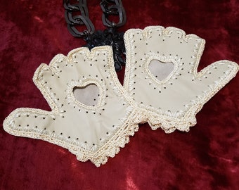 Leather gloves beige gloves with crochet driving gloves handmade