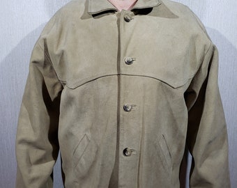 Vintage Beige Suede Leather Jacket - Men's Button-Down