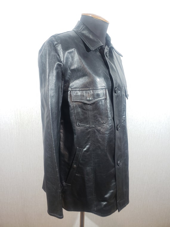 Vintage Patent Leather Jacket: Solid Black Button… - image 3