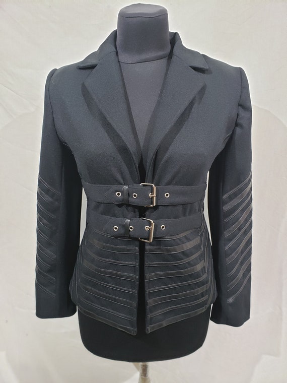 Black Polyester Blazer: Buckle Closure, Leather Stripe Detail