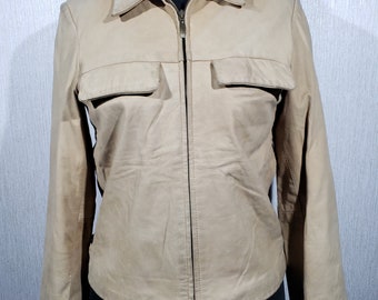 Vintage beige leren jas: metalen damesrits aan de voorkant