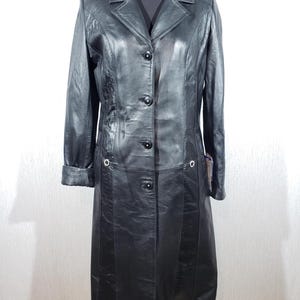 Women black leather raincoat. Women leather trench coat. Black leather long coat for women