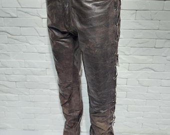 Braune Leder Motorradhose mit Schnürung - Denim Cut