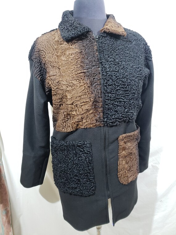 Astrakhan & Wool Coat: Black Brown Sheep Fur Jacket