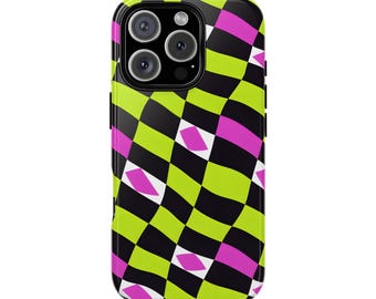 Neon Y2K Checkers Phone Case for Tough Protection, Neon Checkered Design, Gifts for Teens, Trendy Accessories, Birthday, Holiday