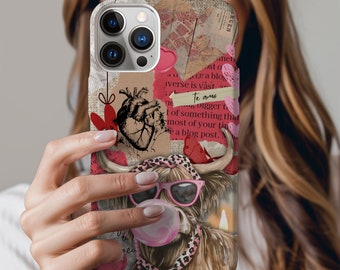 Highland Cow Phone Case Bubble Gum Hearts Collage Phone Case Phone Case for iPhone and Samsung Galaxy Phones