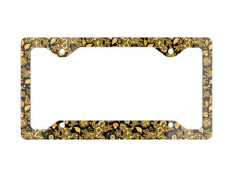 Frog License Plate Frame, Cute Animal Garden Car Accessories, Metal License Plate Holder, Floral Magic Leaves Auto Decor, Black and Yellow