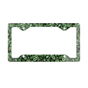 Frog License Plate Frame, Cute Animal Garden Car Accessories, Metal License Plate Holder, Floral Magic Leaves Auto Decor, Black