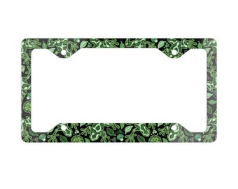 Frog License Plate Frame, Cute Animal Garden Car Accessories, Metal License Plate Holder, Floral Magic Leaves Auto Decor, Black