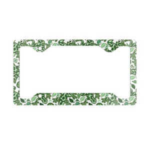 Marco de matrícula de rana, lindos accesorios de animales para jardín para automóvil, soporte de matrícula de metal, decoración para automóvil con hojas mágicas florales, ranas verdes