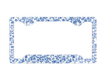 Blue French Toile Floral License Plate Frame, Romantic Car Accessory, Vintage Garden Decor, Rustic Auto Gift, Floral License Plate Holder