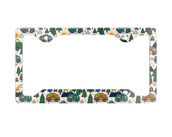 Retro Camper Pattern License Plate Frame | RV Van Trees Camping