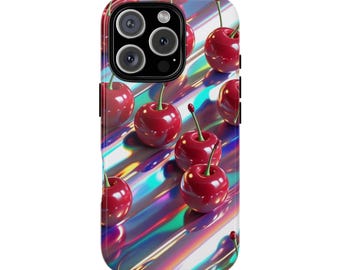 Phone Case, Cherries on Faux Holographic Background, Cherry Lover Gift, Trendy Accessories, Protective Cover, Unique Design