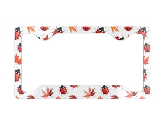 Metal License Plate Frame, Ladybug Fall Leaves Car Tag Holder, Auto Accessory Gift, Vehicle Decor, Cute Bug Autumn Decoration, License Plate
