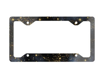 Celestial Metal License Plate Frame, Black Sparkling Star Design, Night Sky Car Accessory