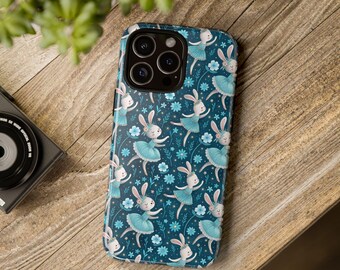Baby Bunny Ballerina Phone Case, Blue Pattern, Tough Protective Cover for iPhone and Samsung, Gift for Dancers, Cute Animal Design, Ballet