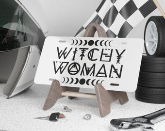 Placa de vaidade, placa de licença frontal de mulher bruxa, decoração de carro gótico, placa de licença assustadora, presente wiccan, acessórios mágicos