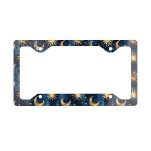 Celestial Sun and Moon Metal License Plate Frame, Car Accessory, Vehicle Decoration, Blue and Gold Design, Celestial Decor, Galaxy Theme