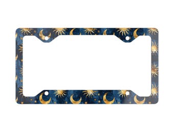 Celestial Sun and Moon Metal License Plate Frame, Car Accessory, Vehicle Decoration, Blue and Gold Design, Celestial Decor, Galaxy Theme