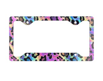 Holographic Cheetah Print License Plate Frame, Car Accessory, Vehicle Decoration, Animal Print Gift, Unique Number Plate Holder