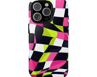 Neon Y2K Checkers Phone Case for Tough Protection, Neon Checkered Design, Gifts for Teens, Trendy Accessories, Birthday, Holiday