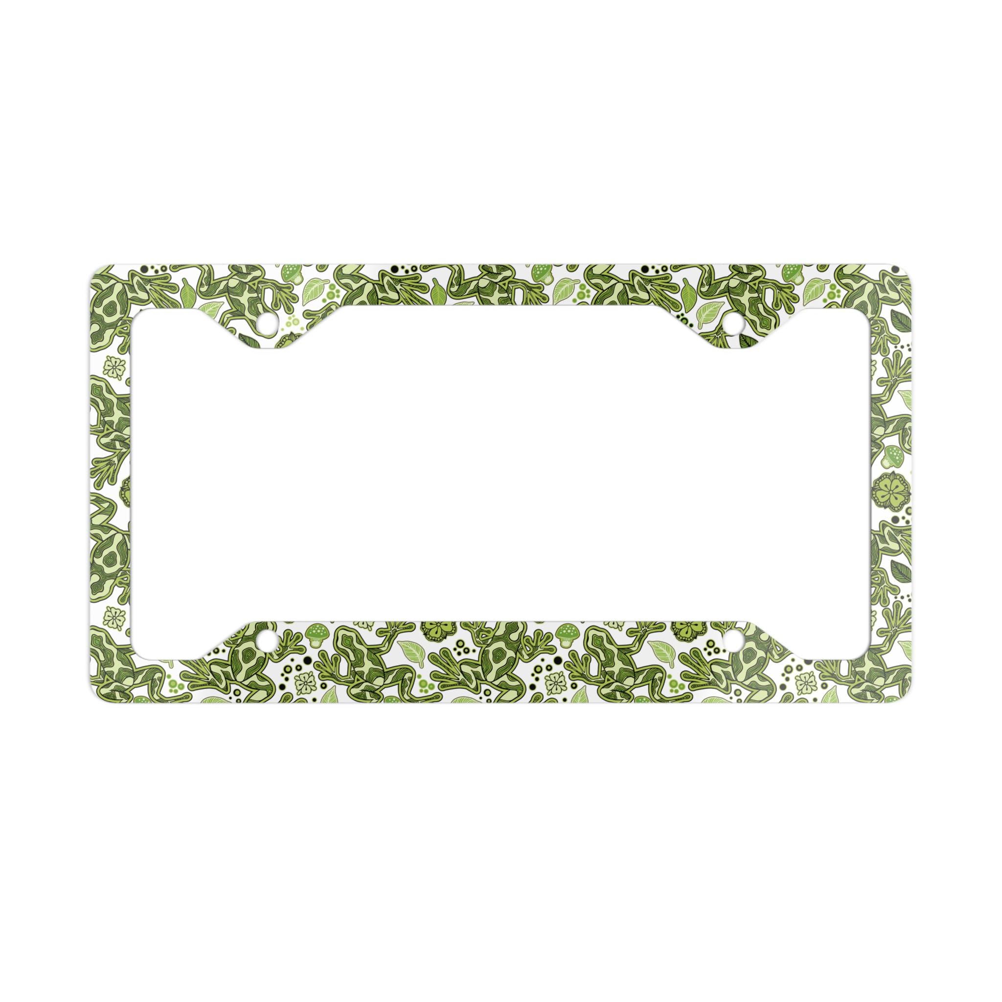 Frog License Plate Frame, Cute Animal Garden Car Accessories, Metal License Plate Holder, Floral Magic Leaves Auto Decor, Green