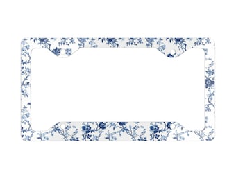 Blue French Toile Floral License Plate Frame, Romantic Car Accessory, Vintage Garden Decor, Rustic Auto Gift, Floral License Plate Holder