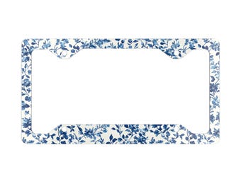 Blue French Toile Floral License Plate Frame, Romantic Car Accessory, Vintage Garden Decor, Rustic Auto Gift, Floral License Plate Holder