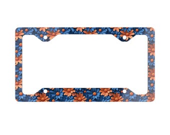 Blue and Orange Floral License Plate Frame Metal License Plate Frame