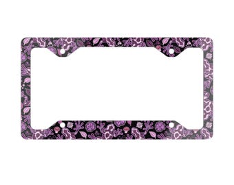 Frog License Plate Frame, Cute Animal Garden Car Accessories, Black License Plate Holder, Floral Magic Leaves Auto Decor, Metal