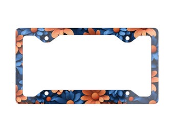 Blue and Orange Floral License Plate Frame Metal License Plate Frame