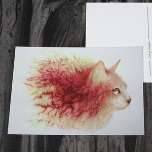 Postcard, cat, veins, red, abstract, watercolor, portrait, art print - A6