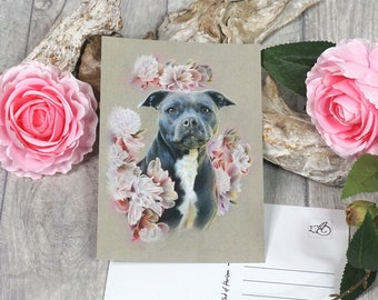 Ansichtkaart, hond, Staffordshireterriër, Pitbull, grijs, roze, bloemen, kunstprint - A6