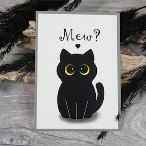 Carte postale avec inscription « Mew », chat, noir, miaou, cœur, doux, carte de vœux, amour