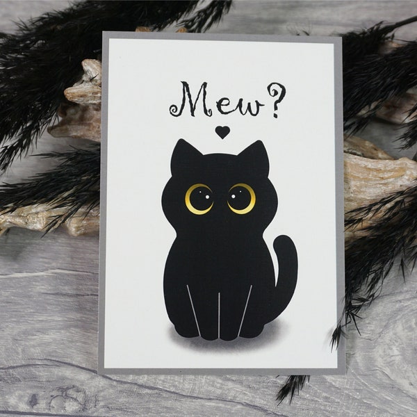 Postkarte mit Spruch "Mew", Katze, schwarz, miau, Herz, süß, Grußkarte, Liebe