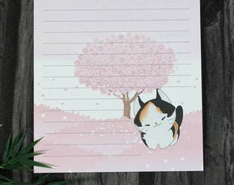 Notepad, writing pad A5, lined, calico cat, Japan, cherry blossoms, cherry tree, tricolor cat, pink