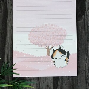 Notepad, writing pad A5, lined, calico cat, Japan, cherry blossoms, cherry tree, tricolor cat, pink