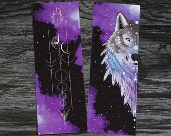 Bookmark, double sided, wolf, geometric, planets, stars, space, arrow, compass, watercolor, black, gray, purple, pink, blue, galaxy