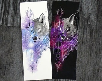Bookmark, double sided, wolf, geometric, planets, stars, space, arrow, compass, watercolor, white, black, purple, pink, blue