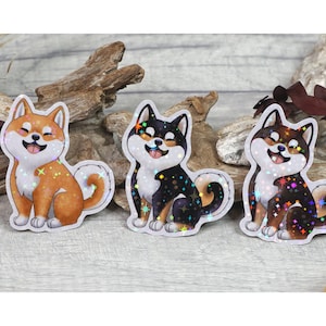 Shiba, adesivo, marrone, nero, sesamo, decalcomania, vinile, olo, olografico, chiaro, scuro, glitter, scintilla, carino