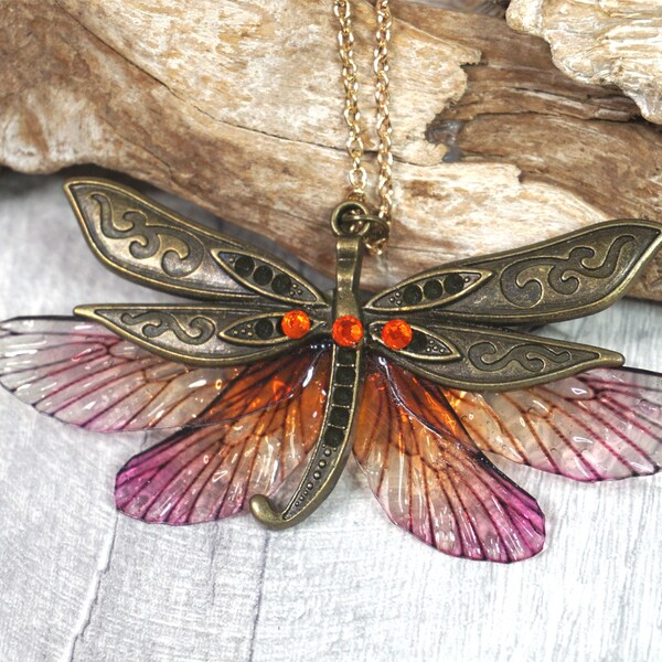 Anhänger Libelle, Fee, Kette, Halskette, Schlüsselkette, Flügel, Fantasy, Bronze, orange, steampunk, Engel