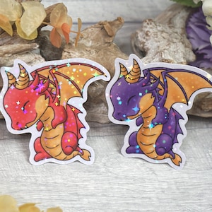 ステッカー、ドラゴン、かわいい、かわいい、赤、紫、紫、黄色、ステッカー、ビニール、ホロ、ホログラフィック、キラキラ