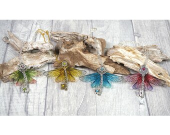 Sleutel, fee, ketting, ketting, sleutelhanger, vleugels, fantasie, goud, zilver, blauw, geel, groen, roze, steampunk, engel