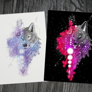 Postkarte,  Wolf schwarz oder weiß, Geometric, Planeten, Sterne, Pfeil, Kompass, Aquarell, violett, blau, rot, pink