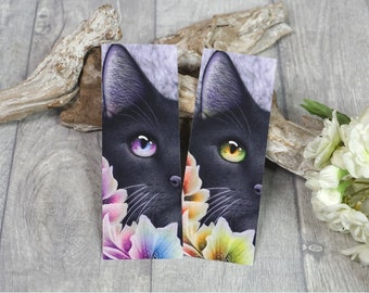 Bookmark, double-sided, cat, colorful, rainbow, blossoms, flowers, lilies, smoke, black