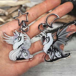 Acrylic pendant, cat, fox, wolf, mobile pendant, angel, devol, demon, fantasy, magic, cute, key ring, acrylic, carabiner, charm