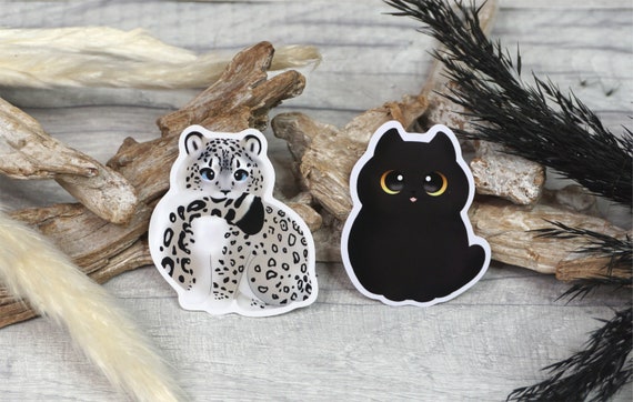 Sticker, Schneeleopard, fette Katze, schwarz, Schneeleo, Aufkleber, vinyl, süß, Kawaii