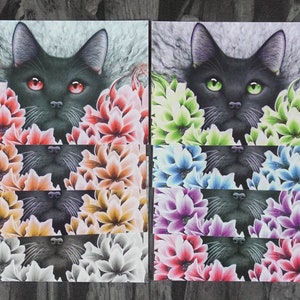 Carte postale, chat, coloré, fleurs, arc-en-ciel, noir, gris, rouge, orange, jaune, vert, bleu, rose, violet - A6