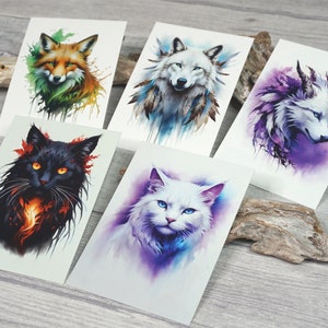 Carte postale, animaux, aquarelle, chat, loup, renard, violet, bleu, vert, blanc, noir, indien, plumes