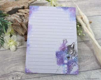 Bloc de notas, bloc de notas A5, rayado, lobo, estrellas, geométrico, espacio, indio, azul, gris, morado